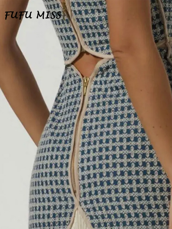 여성용 우아한 오프숄더 백리스 할로우 아웃 태슬 튜브 프린트 드레스, 엠파이어 레이디 로브, 2024 용수철 여름