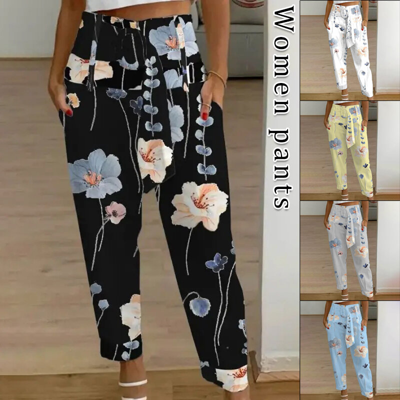 Women Trousers Spring Summer New Casual Straight High Waist Pocket Crop Pants Fashion Solid Color/Print Office Lady Harem Pants