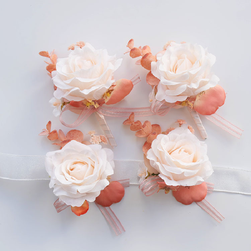 Fournitures de mariage pour invités de banquet, fleur simulée, mariée et corsage, fleur à la main, poudre de pêche, 2403