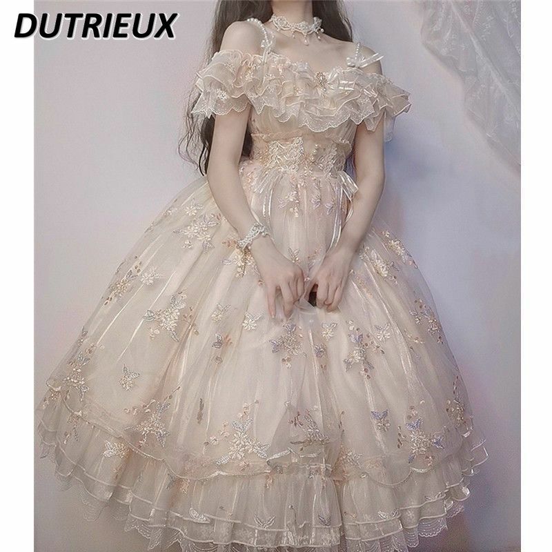Styl japoński Lolita słodka ładna dziewczyna z odkrytymi ramionami dopasowana sukienka w pasie maszyna haft JSK z krótkim rękawem długie sukienki