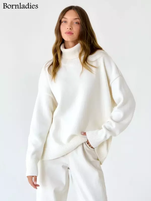 Elegante-suéter de malha de gola alta feminino, pulôver extragrande, jumper solto, grosso, quente, casual, feminina, outono, inverno, top