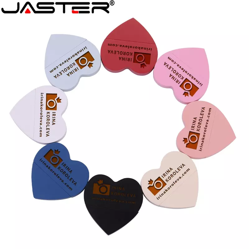 JASTER Colorful Wood Heart USB 2.0 Flash Drive 128GB 64GB Free Custom Logo Memory Stick Pendant Creative Wedding Gift Pen Drive