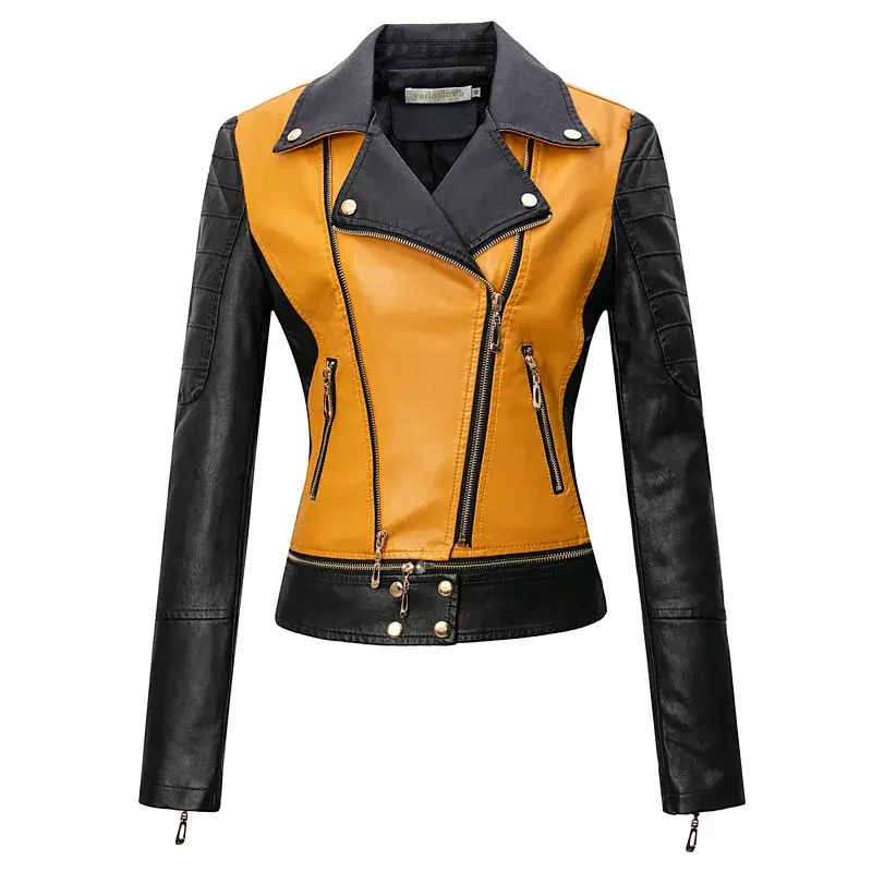 Jaket kulit tiruan pendek sepeda motor wanita, jaket kulit sintetis lembut musim gugur untuk wanita, jaket Streetwear warna hitam, mantel ritsleting Splice