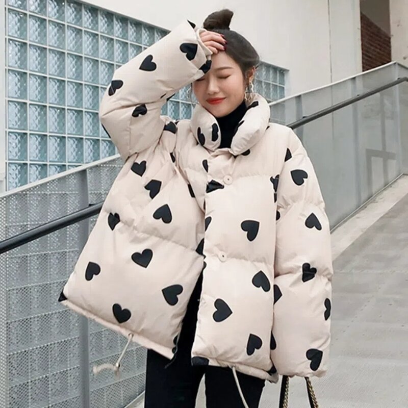 Love Heart Printed Sweet Parkas Womens Loose Casual Simple All-match Outerwear Coats Fashion Thick Warm Jackets Female