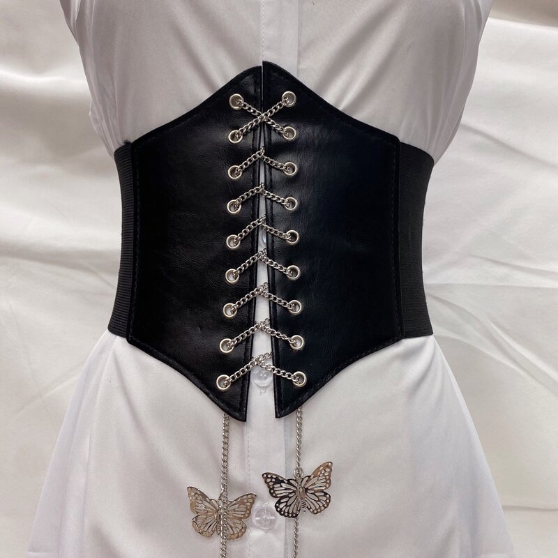 Espartilho de corrente borboleta de couro PU feminino, cintos largos, modelador do corpo emagrecedor, cinto elástico, apertado, cintura alta para camisa de vestido