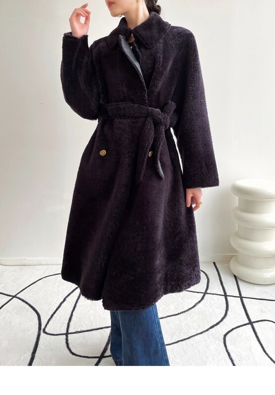 Casaco longo de pele de ovelha Merino natural feminino com cinto, super qualidade, pele real, casaco de inverno luxuoso, casacos elegantes