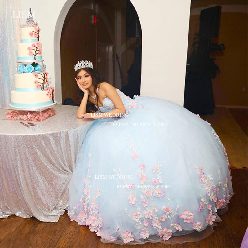 LISM gaun pesta ulang tahun, gaun putri 3D Applique renda biru langit cantik 15 gaun pesta ulang tahun Tulle