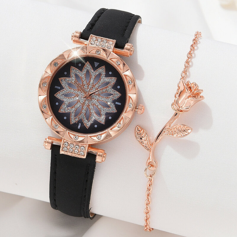 Relógio de pulso analógico de strass cintilante feminino, bracelete flor rosa, quartzo fashion, presente para mamãe, ela, 1pc