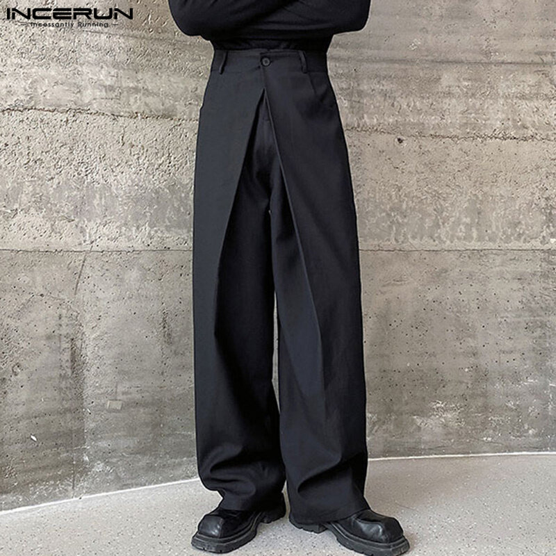 INCERUN-Pantalones plisados de estilo coreano para hombre, ropa de calle informal con diseño de doble cintura, pierna ancha, S-5XL, 2024