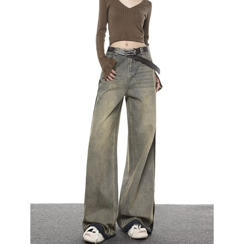 여성용 빈티지 와이드 레그 청바지, 하이 웨이스트 바지, 미적 바닥 길이 데님 바지, 미국 가을 2023 신상 패션