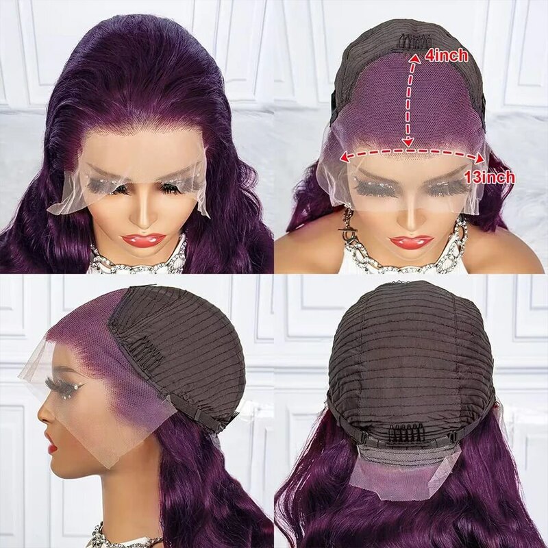 Perruques de cheveux humains violets Body Wave pour femmes, perruques avant en dentelle transparente HD, densité 200%, 13x4
