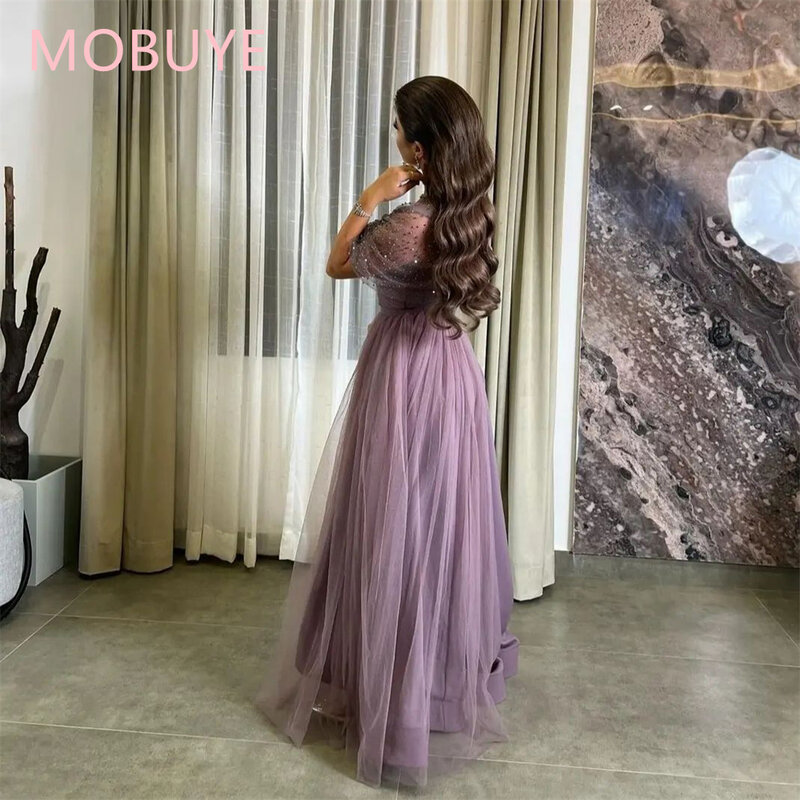 MOBUYE-vestido de fiesta árabe de Dubái para mujer, Vestido de manga corta con hombros descubiertos, largo hasta el suelo, elegante, a la moda, 2024
