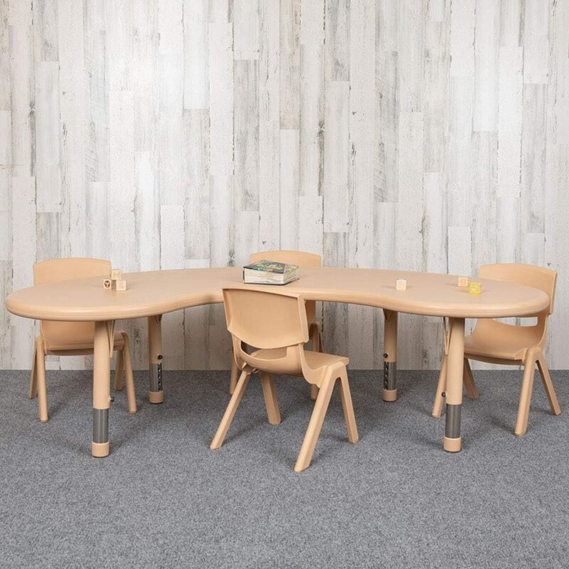 Meja dan kursi anak-anak, Meja aktivitas 35 inci W x 65 inci L bentuk bulan sabit plastik alami tinggi dapat disesuaikan, dengan 4 kursi