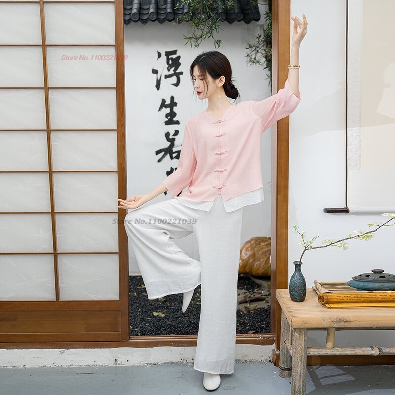 2024 traditionelle chinesische Vintage Hanfu Set Retro Tee Service Meditation Outdoor Walking atmungsaktive Baumwolle Leinen Hanfu Tops Hosen