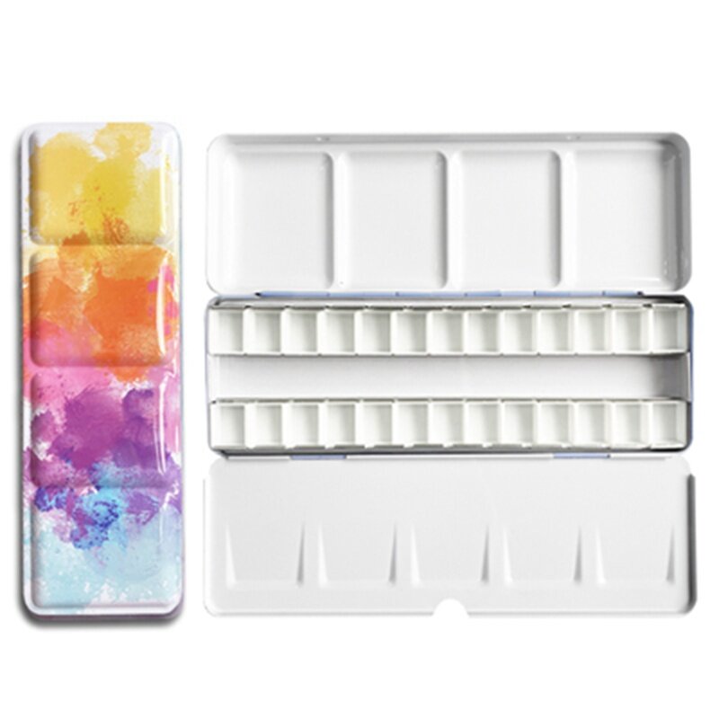Empty Watercolor Palette Tin Color Mixing Palette Paint Storage Box Iron Paint Tray with Half/Full Pans For Painting