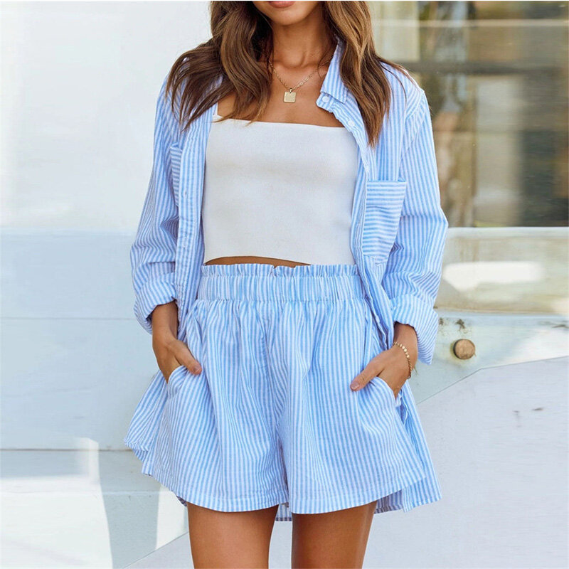 Summer Striped Long Sleeve Turn Down Collar Button Long Shirts Tops and Shorts Women Clothing Loose Casual Cotton Two Pieces Set
