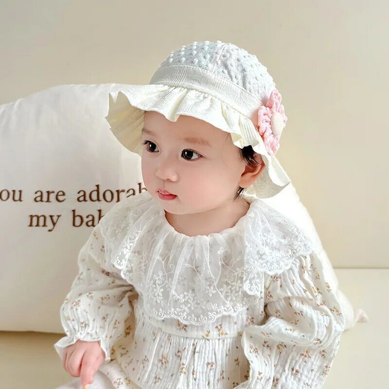 5pcs/pack Spring New Girls Lace Hat With Flower Cute Baby Fisherman Hats Fashion Toddler Sunshade Headwear Accessories 3-18M