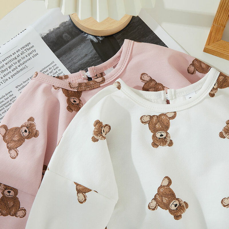 Txlixc Baby Cartoon Bear Print pagliaccetto Girl Boy autunno vestiti girocollo manica lunga tuta ampia rosa/bianco