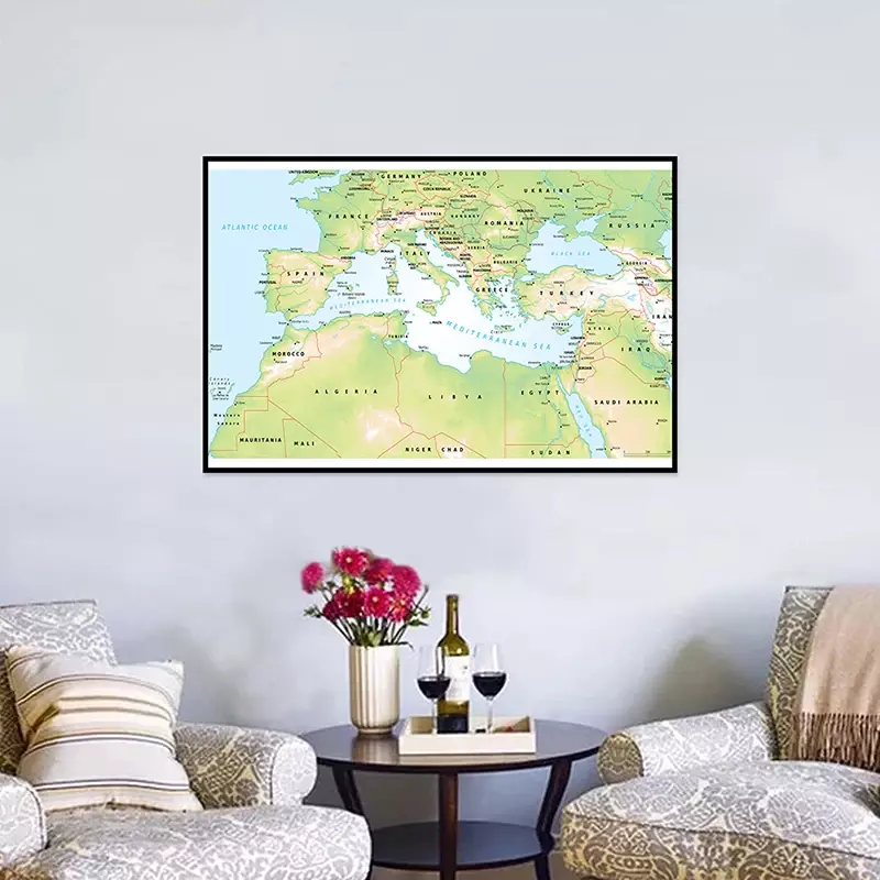 O Mapa do Mar Mediterrâneo, Pintura Topográfica Non-Woven, Wall Art Poster, Material Escolar, Decoração de Aula, 225x150cm