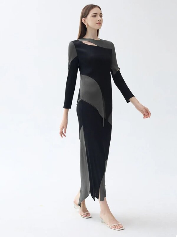 Miyake pieghettato contrasto colore due pezzi Set donna 2024 nuovo Designer originale alta moda manica lunga Top gonna irregolare