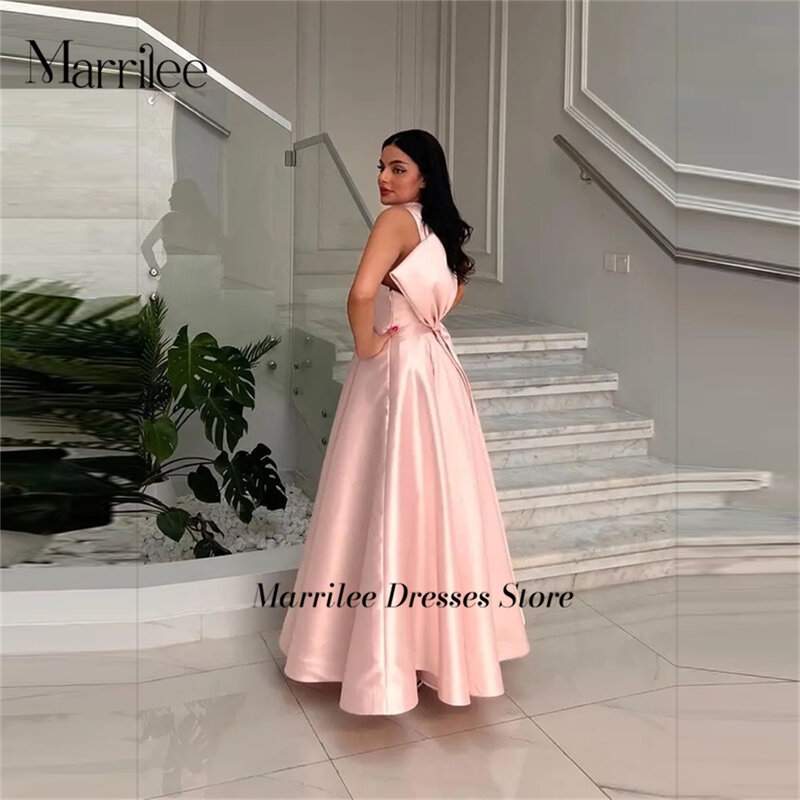 Marrilee gaun malam putri merah muda leher tinggi pita besar noda gaun malam elegan A-Line tanpa lengan panjang lantai berlipat gaun Prom jubah 2024