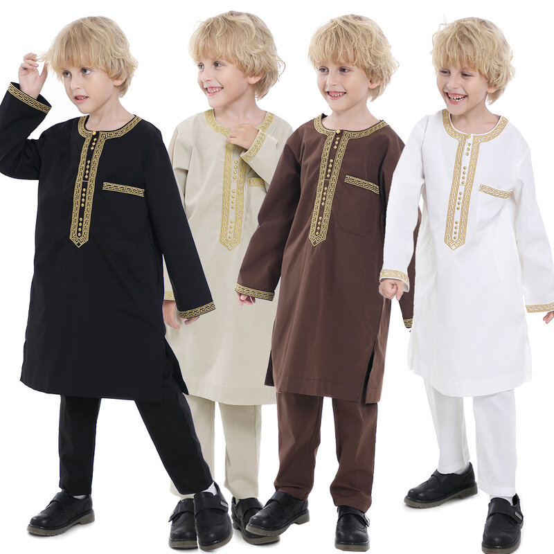 Мусульманский комплект из 2 предметов для мальчиков, платье с круглым вырезом и длинным рукавом, платье-рубашка с принтом, абайя, кафтан, джубба, ТОБ, мусульманская одежда