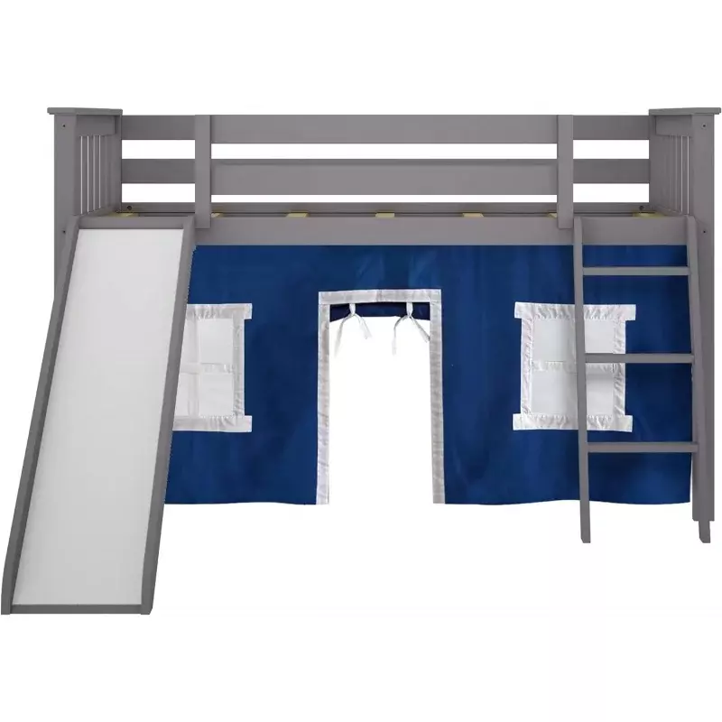 Tempat tidur loteng rendah Max & Lily, rangka tempat tidur kembar untuk anak-anak dengan geser dan tirai untuk bagian bawah, abu-abu/biru