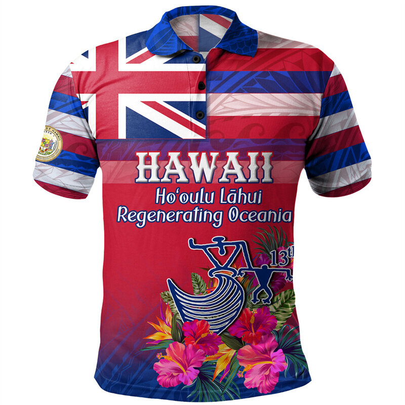 ハワイアンポリネシアグラフィックポロシャツ男性用、3Dプリント、ビスカスの花、ボタンポロシャツ、ストリートトップ、特大ラペルTシャツ