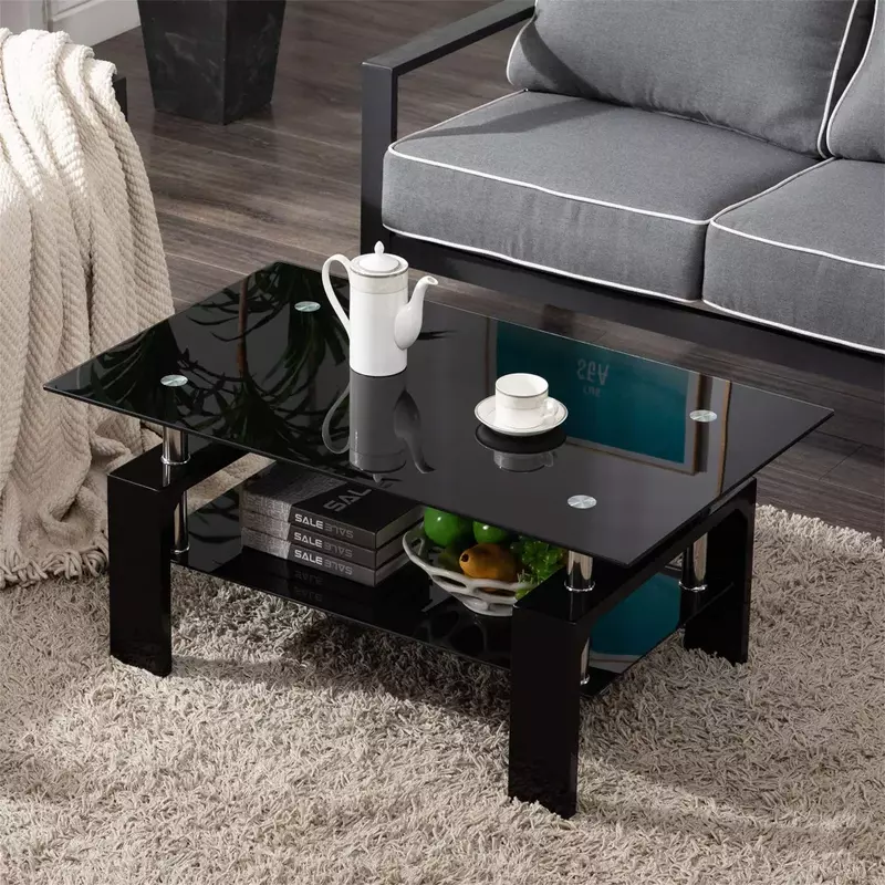 Rectangle Tempered Glass/Wooden Coffee Table Metal Tube Legs 2 Layers Side End Table Center Table Living Room Furniture Set