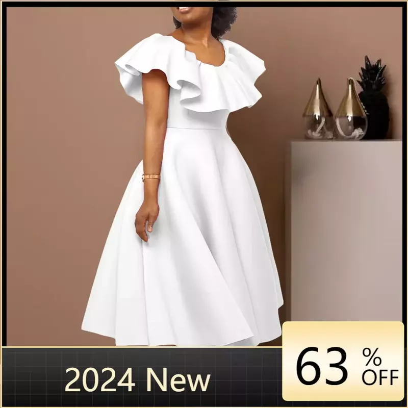 아프리카 여성 화이트 드레스 파티 프릴 O 넥 하이 웨이스트 A 라인 플리츠 여름 드레스 패션 이브닝 생일 가운 2023 신상품