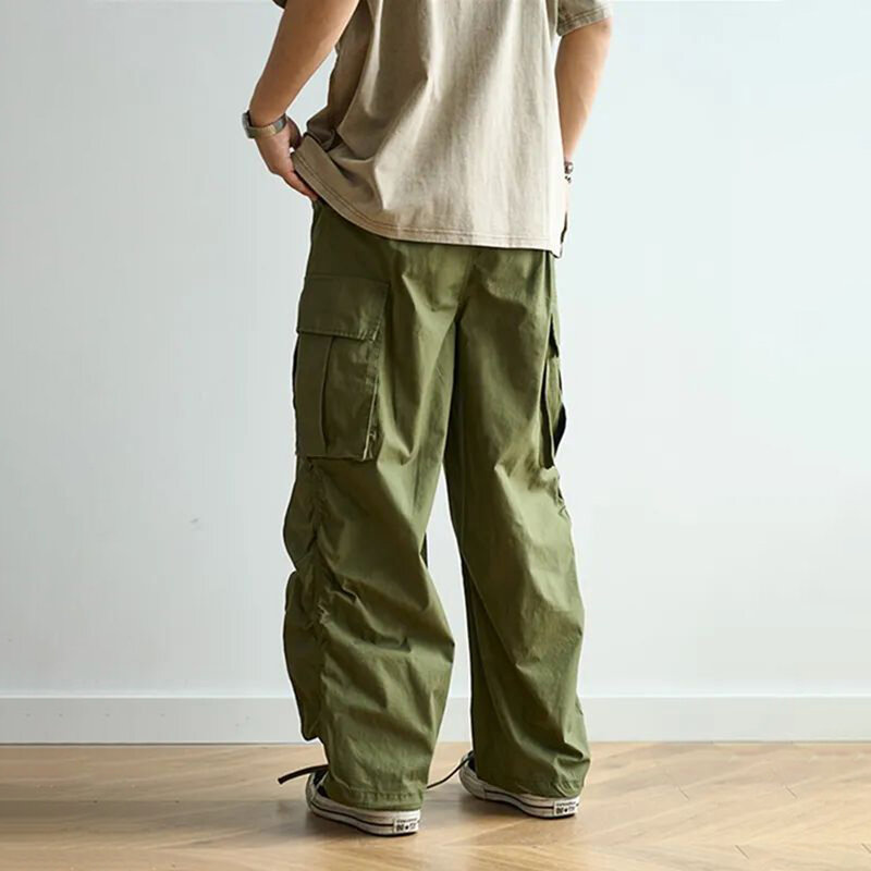 Pantalones de pierna ancha para hombre, ropa de trabajo holgada, estilo Retro japonés, versátil, informal, de calle, Color sólido, con múltiples bolsillos, otoño