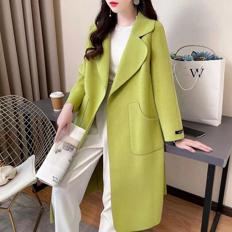 Smart Casual Trench Coat Stylish Mid-length Women's Overcoat with Turn-down Collar Open Stitch Pockets Soft Warm Thick for Fall