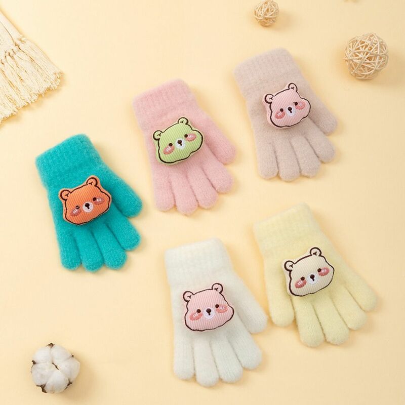 Bear Baby Fluffy Gloves Sweet Solid Color Korean Style Cartoon Pattern Gloves Full Finger Plush Doll Knitted Mittens Girls