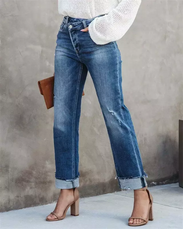 Calça jeans feminina de cintura alta com emenda reta, calça jeans urbana casual, feminina com furos quebrados, nova, moda, 2024