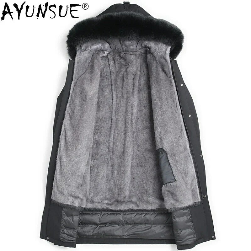 AYUNSUE-Parka de pele real high-end masculina, casaco de forro de vison destacável, gola de pele de raposa com capuz, jaquetas compridas, inverno