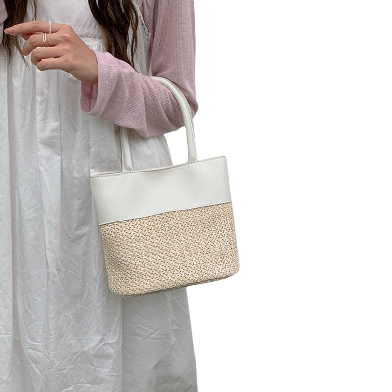Bunte Strand-Eimertasche, Patchwork-Handtasche mit Details aus PU und Stroh, Umhängetaschen für Damen und Mädchen
