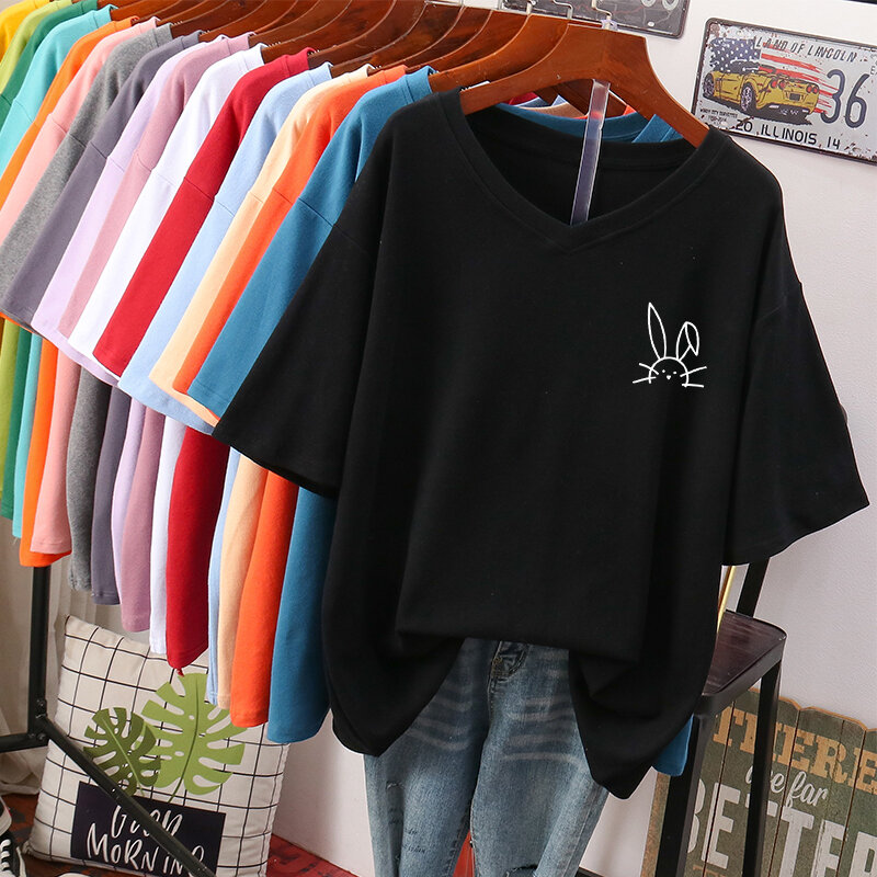 DAYIFUN-camisetas monocromáticas de manga curta para mulheres, camisetas soltas impressas em desenhos animados, blusa de algodão com decote em v, tamanho grande, 100kg, verão