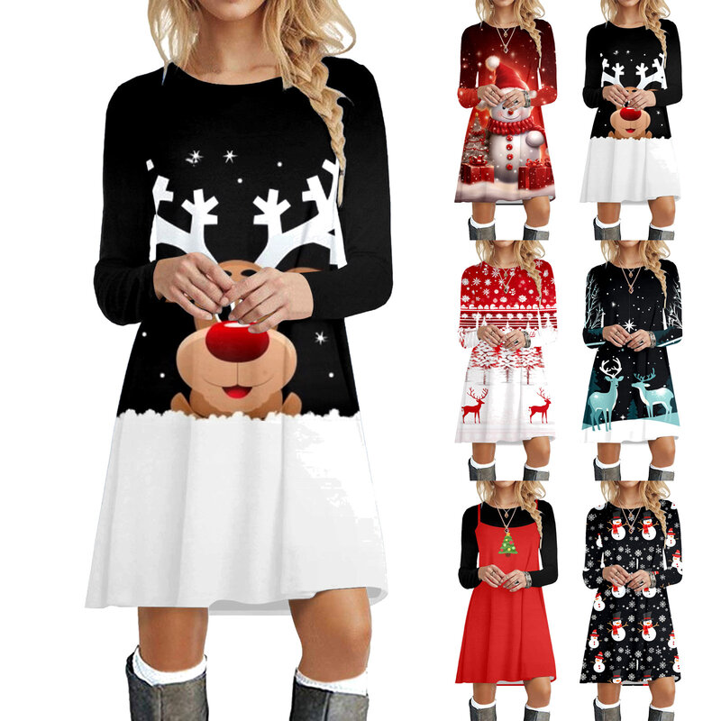 여성용 캐주얼 패션 크리스마스 프린트 라운드 넥 긴 소매 드레스, 타이 웨이스트 드레스, 스모크 드레스, 가을 및 겨울