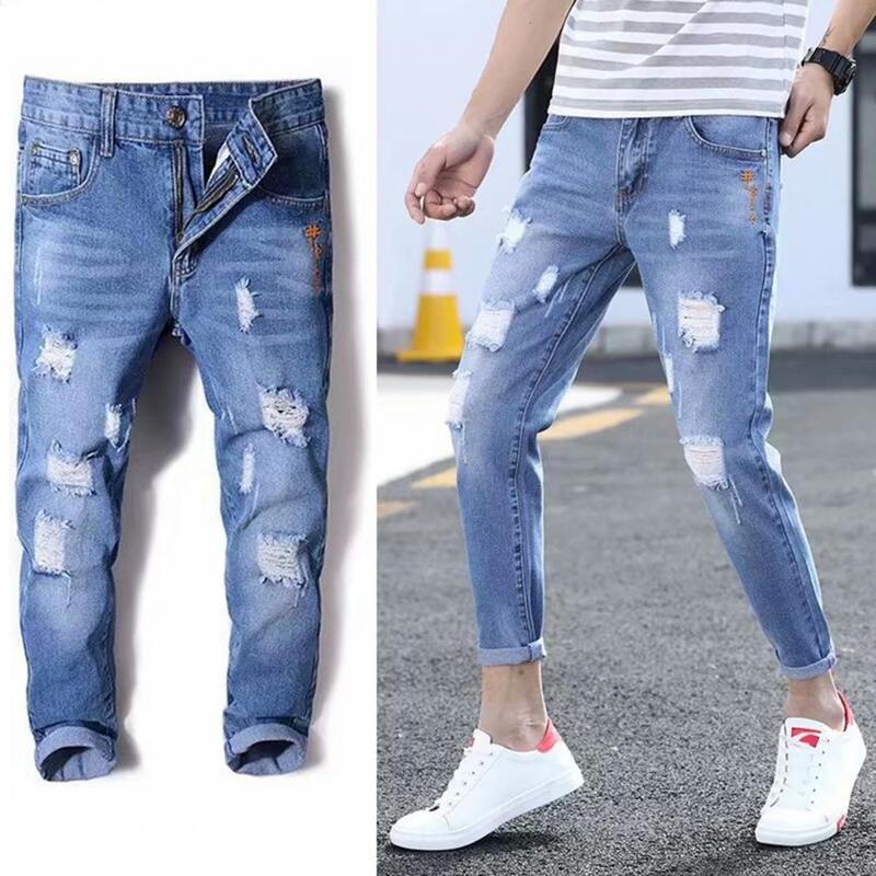 Trendy Slim Jeans Button Zipper Fly Dressing Up Ankle-Length Men Stretchy Ripped Tassel Denim Pants