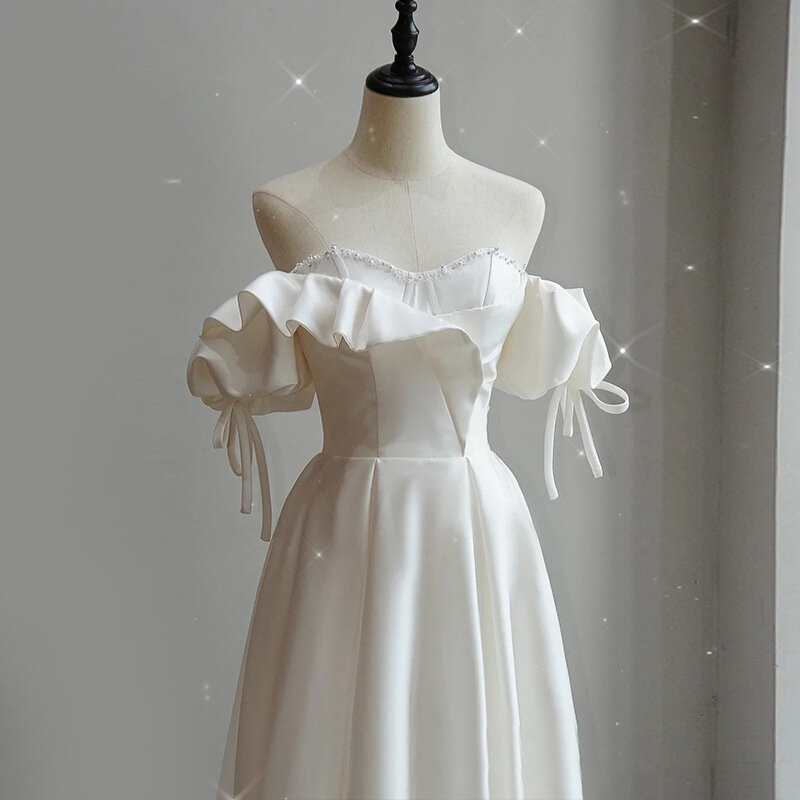 Романтическое французское атласное официальное платье без бретелек, белые вечерние платья с бусинами и жемчугом, элегантные женские платья знаменитостей