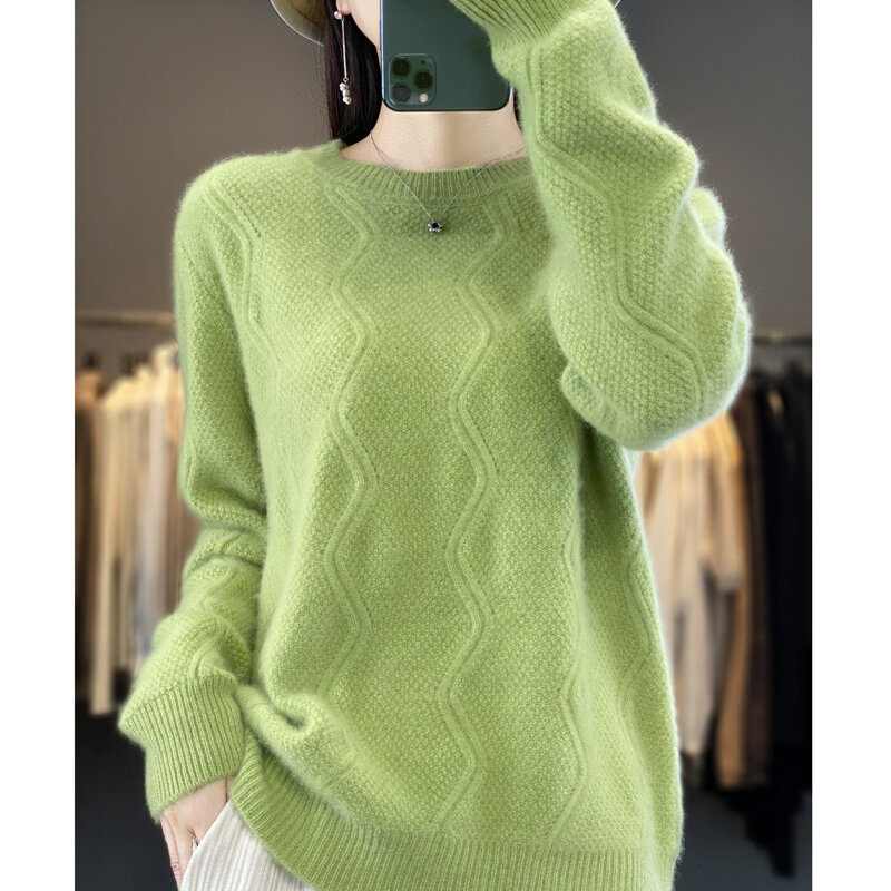 Suéter de Cachemira de lana merina para mujer, jersey de manga larga con cuello redondo, top acolchado, otoño e invierno, 100%