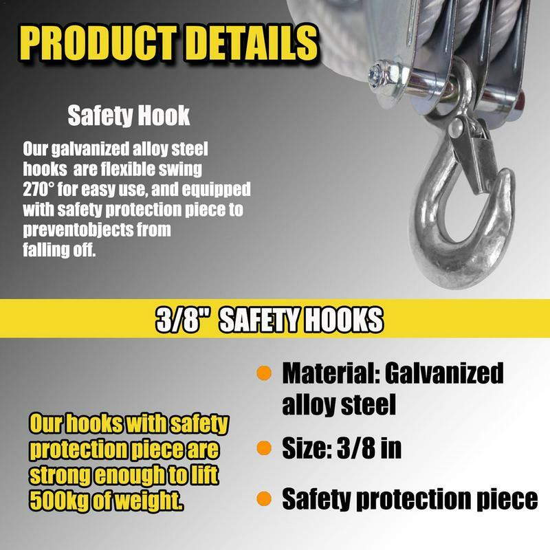 Block And Tackle 50 Ft 3/8 Rope Pulley Hoist With 5:1 Lifting Power Multifunctional Heavy Duty Pulley System With 2200 Lbs