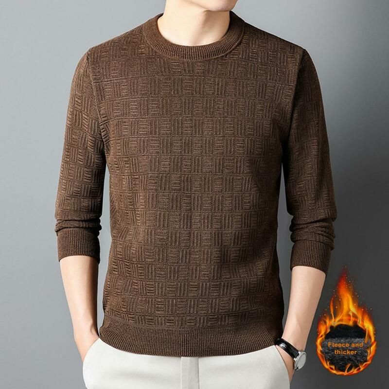 Suéter de punto grueso para hombre, jersey de manga larga con cuello redondo, aplique elástico cálido, ajustado, informal, Otoño e Invierno