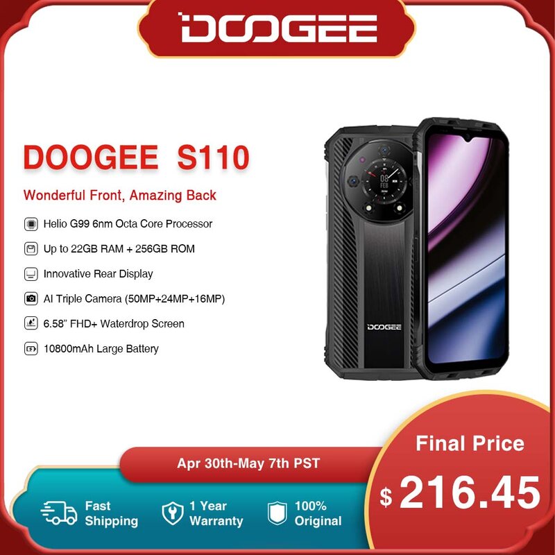 Światowa premiera DOOGEE S110 wytrzymały telefon 6.58 "FHD Waterdrop z ekranem Helio G99 Octa Core 66W szybkie ładowanie telefonu z baterią 10800mAh