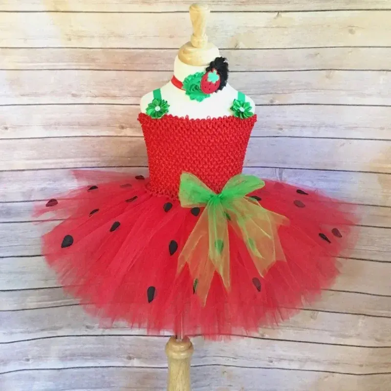 Baby Girls Strawberry Costume for Kids Birthday Party Tutu Dress Halloween Outfit Toddler Girl Fruit Clothes Newborn Photo Shoot