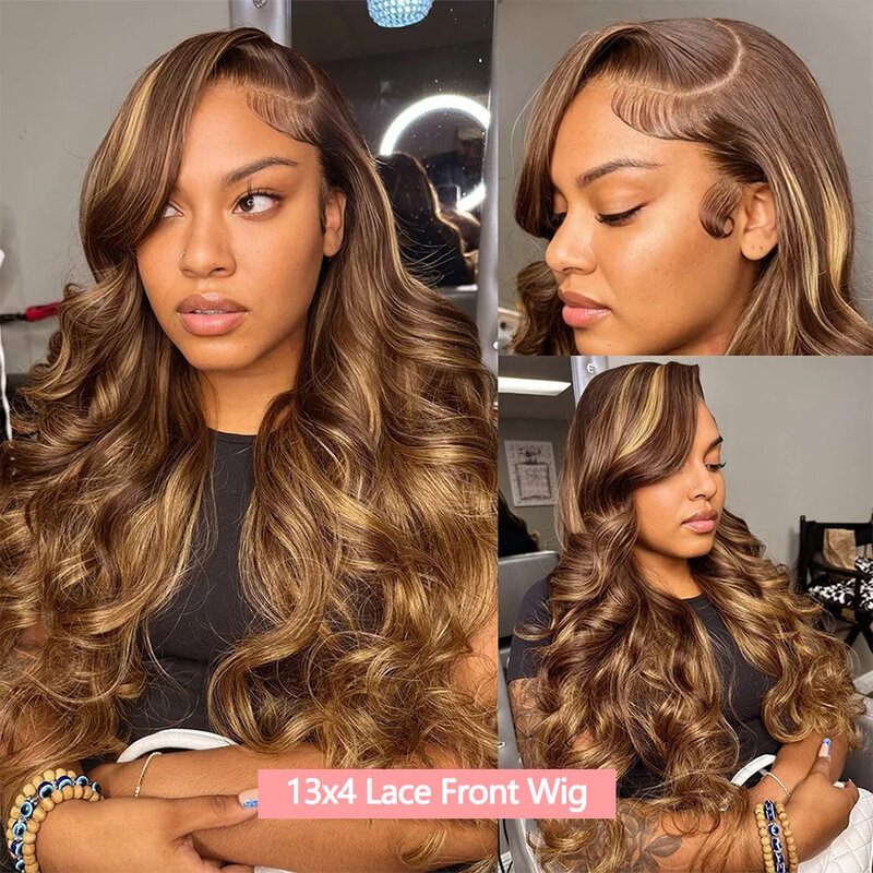 Body Wave Human Hair 13x4 Lace Frontal Wig P4/27 Color Transparent Lace Wigs 28 Inch 100% Brazilian Natural Human Hair For Women