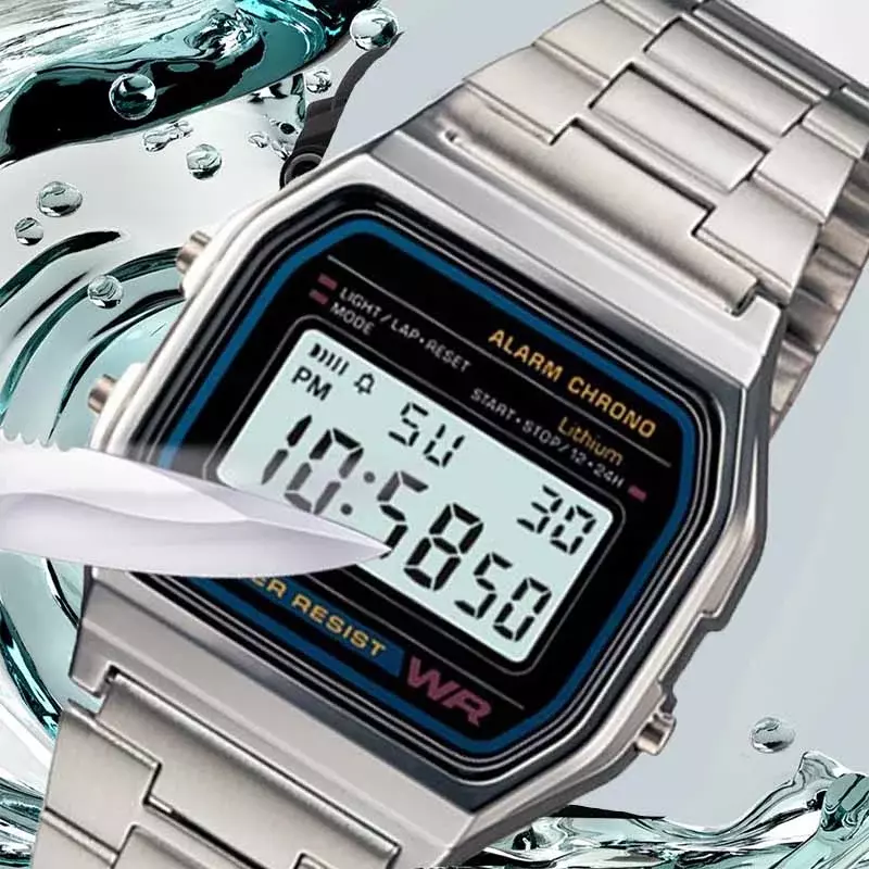 นาฬิกาสายรัดเหล็กสแตนเลส F91W หรูหรากันน้ำย้อนยุคดิจิตอลกีฬาทหารนาฬิกาผู้ชายผู้หญิงอิเล็กทรอนิกส์