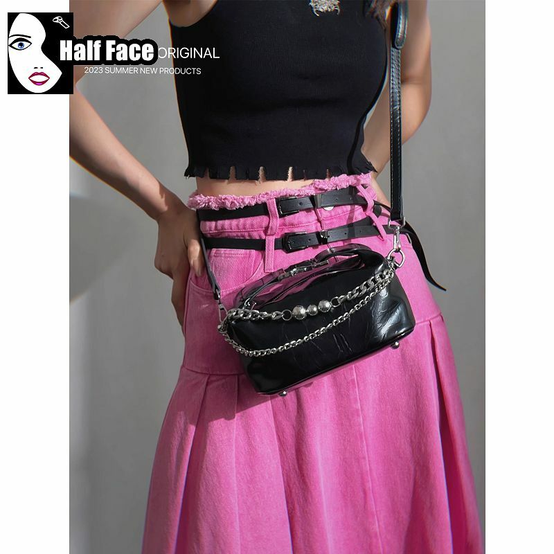 Y2K 소녀 하라주쿠 여성 고딕 체인 핸드백, 하이 스트리트 펑크 원 숄더 고급 디자인, 다목적 크로스 바디 백 토트