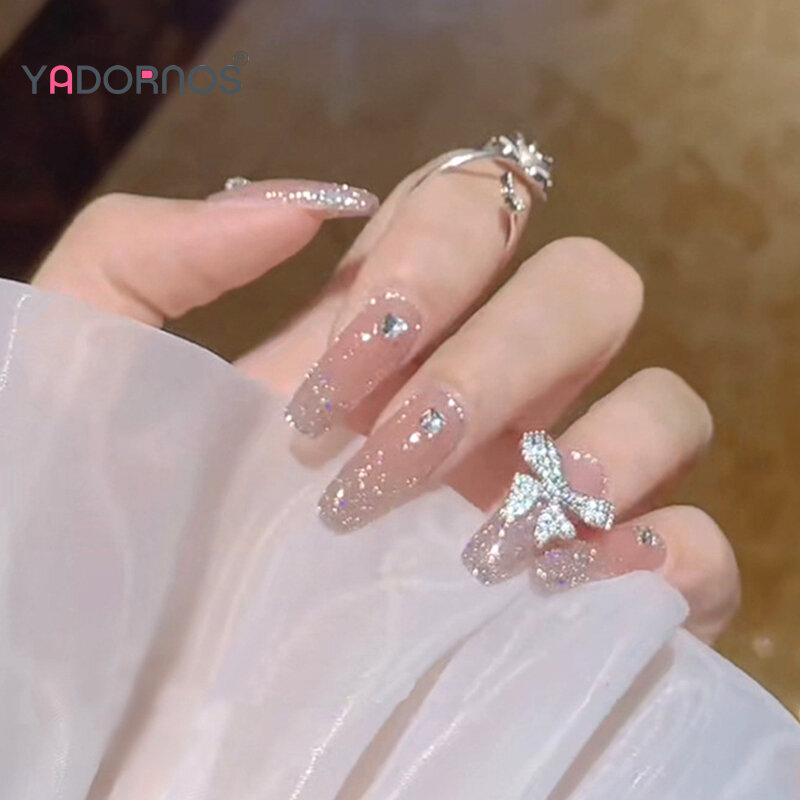 Długa balerina sztuczne paznokcie nago kolorowa prasa na paznokciach błyszczące cekiny 3D kokardka zaprojektowana do noszenia fałszywy do paznokci tipsów dla kobiet