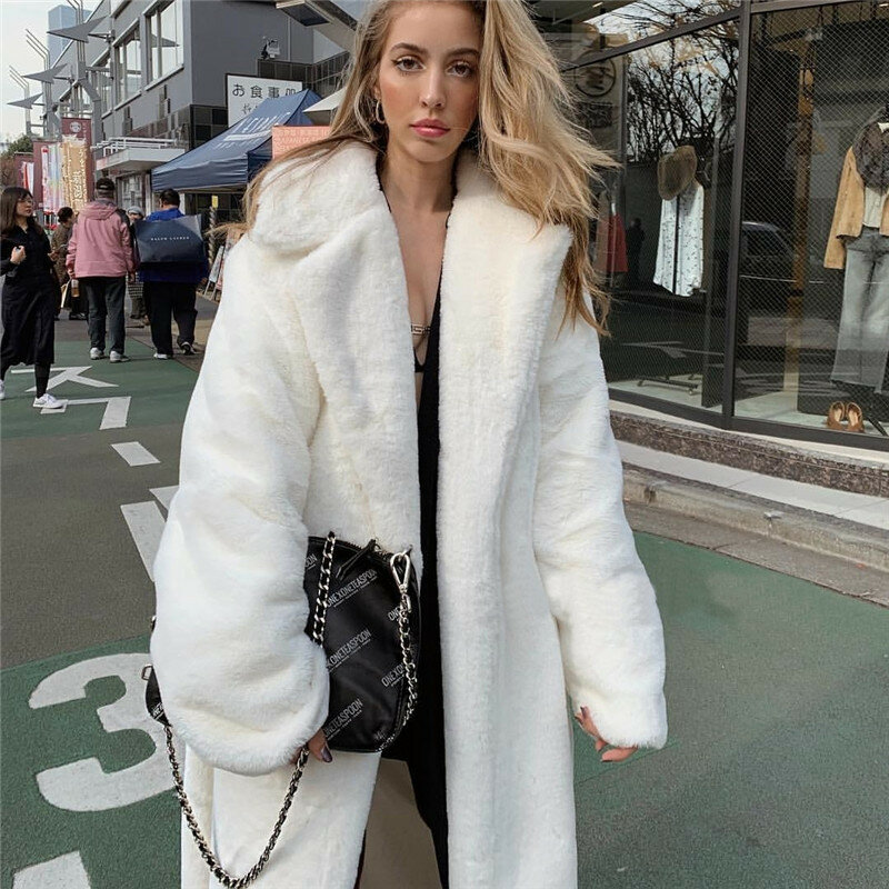 Abrigo de piel sintética de Color liso para mujer, abrigo largo blanco esponjoso, cálido, con capucha y solapa, fajas sueltas, moda coreana, 2021